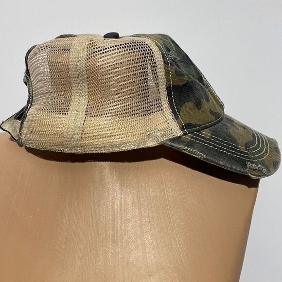 C.C. Women’s Camo Mesh Green & Cream Trucker Ponytail Cap Hat - Picture 2 of 8